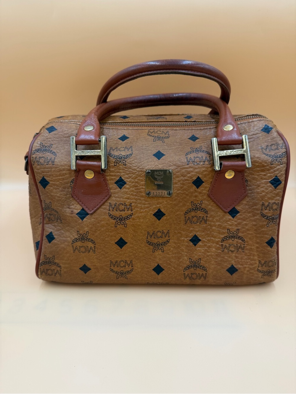 MCM Cognac Visetos Top-Handle Satchel with Black Motif